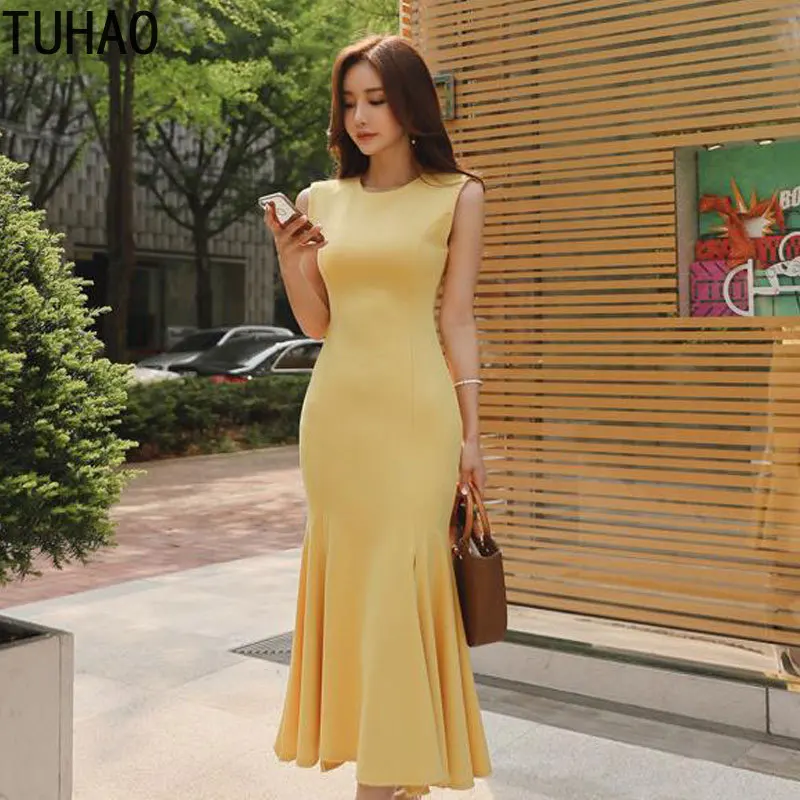 

TUHAO Women Clothes Dresses 2019 Summer Mermaid Dress Women Yellow Sleeveless Mid-calf Elegant Dress Party Club Dresses