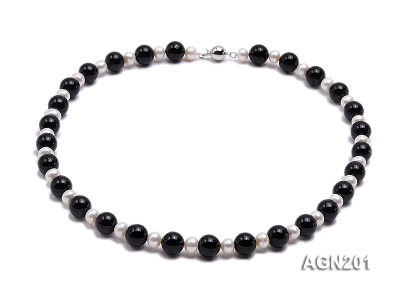 

Unique Pearls jewellery Store Perfect 10mm Black Agate White Freshwater Pearl Necklace 47cm Charming Women Gift