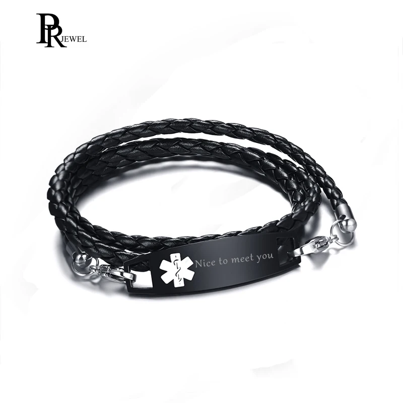 

Personalized Free Engraving Black Braided Leather Multistrand Triple Wrap Stainless Steel Medical Alert ID Charm Bracelets