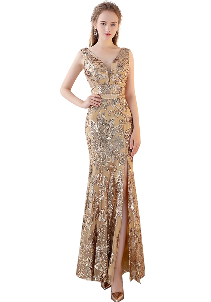 VKBRIDAL Rose Gold Sequined Mermaid Stretchy Long Bridesmaid Dresses with Side Slit Plus Size Formal Party Prom Gowns for Women | Свадьбы и
