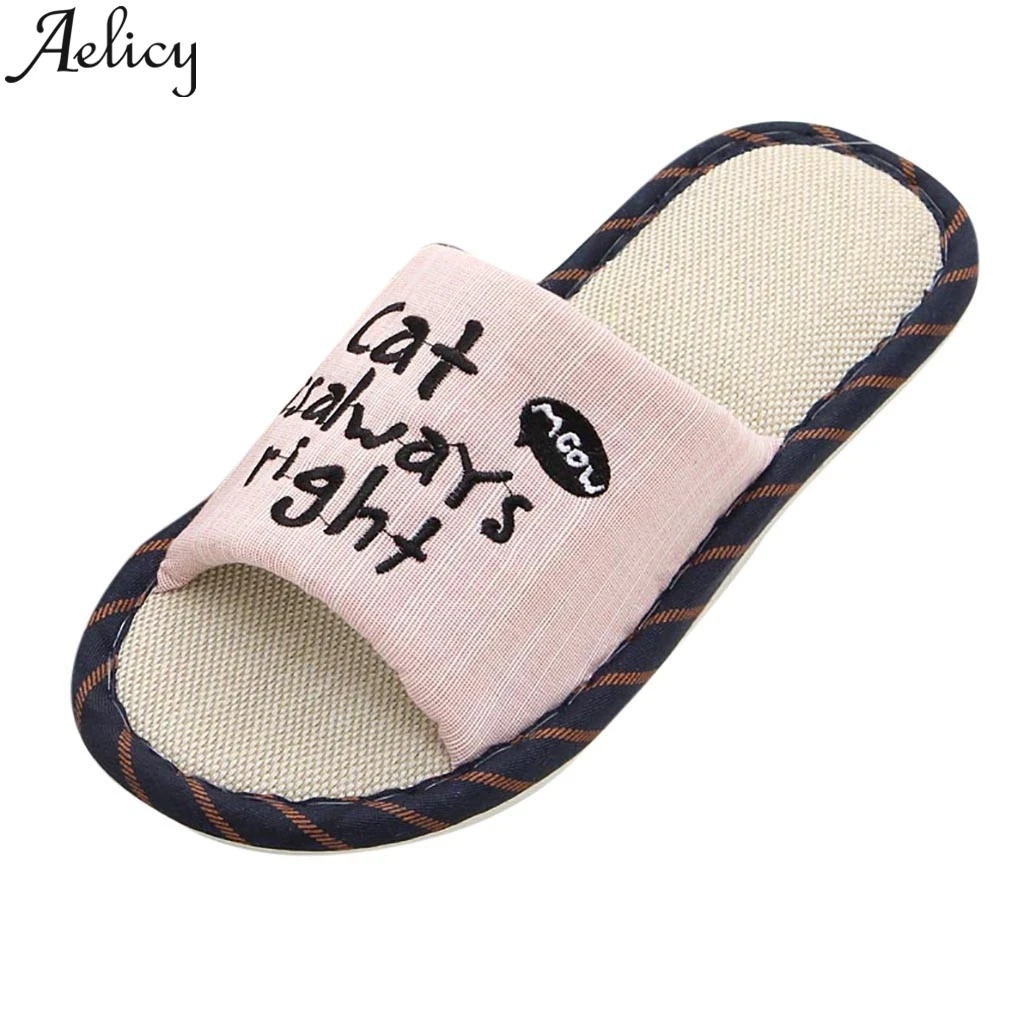 

JAYCOSIN 2019 Summer Slippers Women Casual Home Cat Pattern Linen Flip Flops Shoes Plus Size House Indoor Slipper Shoes Femlae