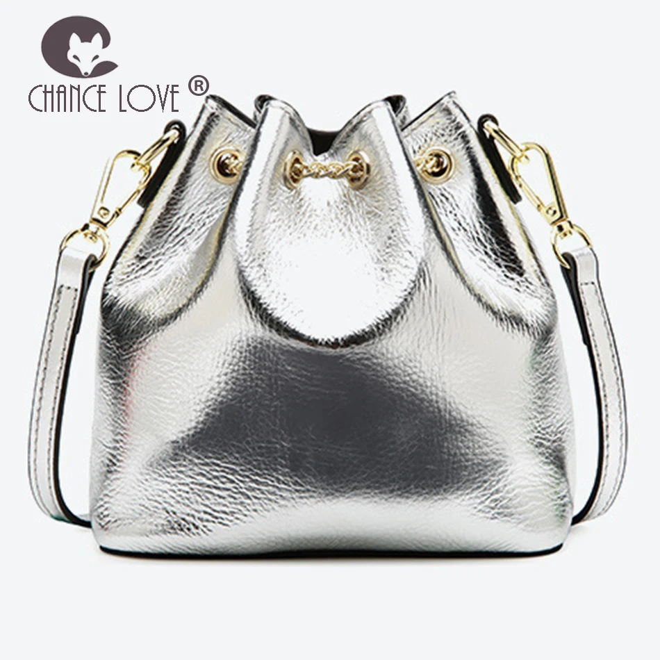 

Chance Love 2018 summer Fashion wild Genuine leather bucket Silver tight chain bag single shoulder Messenger bag mobile handbag