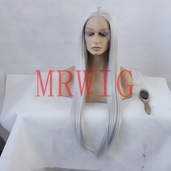 

MRWIG white grey hair color middle part real hair 26inch 150% cosplay for black women,wigs synthetic hair grey color