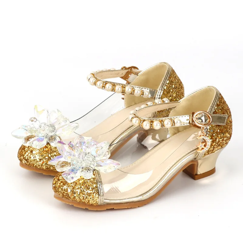 

Girls Princess Shoes Children High Heels Pearl Flower Leather Sandals Glitter Sequins Dance Dress Weddings Party Kids Fashion