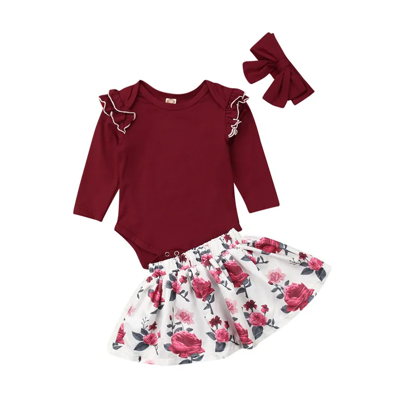 

3PCS Newborn Baby Girl Clothes Cotton Blends Solid Red Long Sleeve Pullover Rompers Floral Print Skirt Handwear Summer Clothes