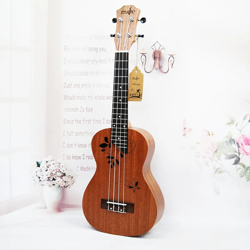 

Concert Acoustic 23 inch Ukulele 4 strings Mahogany Hawaiian guitar 17 Fret Electric Ukelele Pickup EQ Butterfly love flower