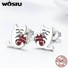 WOSTU Оригинальные 925 пробы серебряные изысканные серьги-гвоздики с шариками из пряжи в виде кота для женщин, милые серебряные ювелирные изделия, подарок FIE224