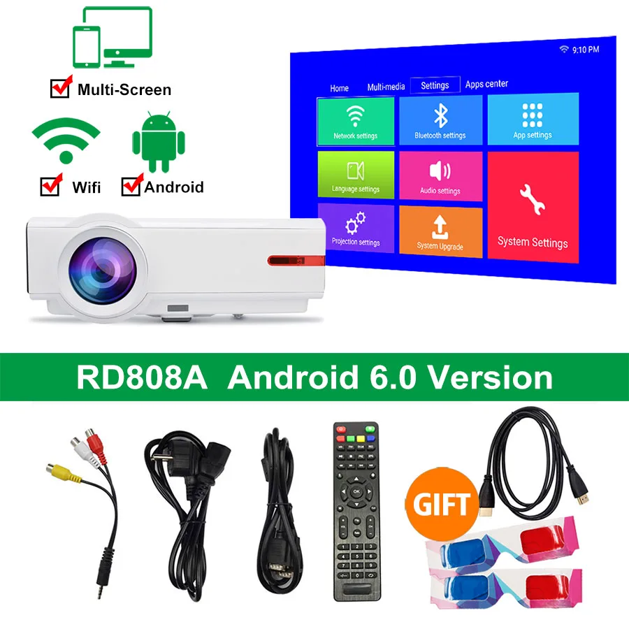 Rigal проектор RD808A 5500 люмен HD проектор светодиодный wifi 6,0 Android 3D проектор RD808 1280*800 lcd HDMI VGA USB tv видео проектор - Цвет: Android Version