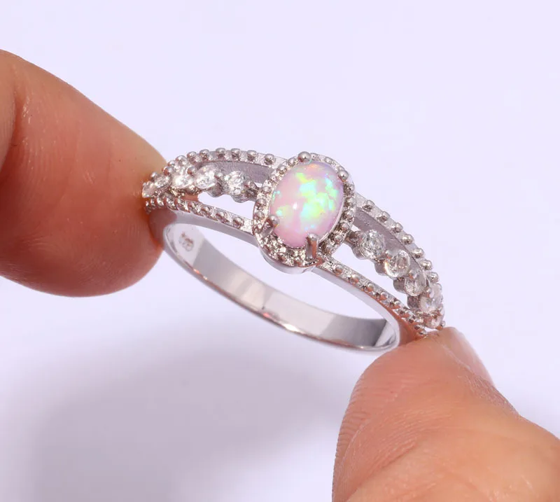 

Bamos Vintage 925 Silver Filled Wedding Rings For Women Oval White Fire Opal Engagement Ring Unique Bohemian Jewelry Best Gift