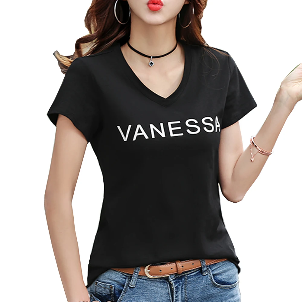 

2019 New Summer Casual Female Tshirt Women Casual Letter Printing Tee Shirt Female Short Sleeve Top Tees V Neck T-shirt Women