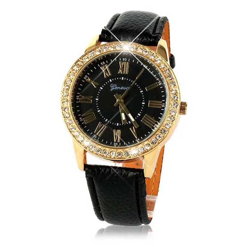 Мода 2018 часы Роскошный Кристалл Золото часы для женщин Bling Золото Кристалл для женщин sLuxury кожаный ремешок кварцевые наручные часы Новый