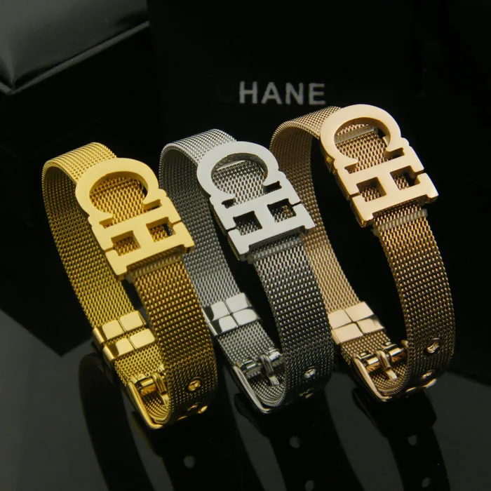 CH Letter Mesh Belt buckle Watchband Stainless Steel Bracelet