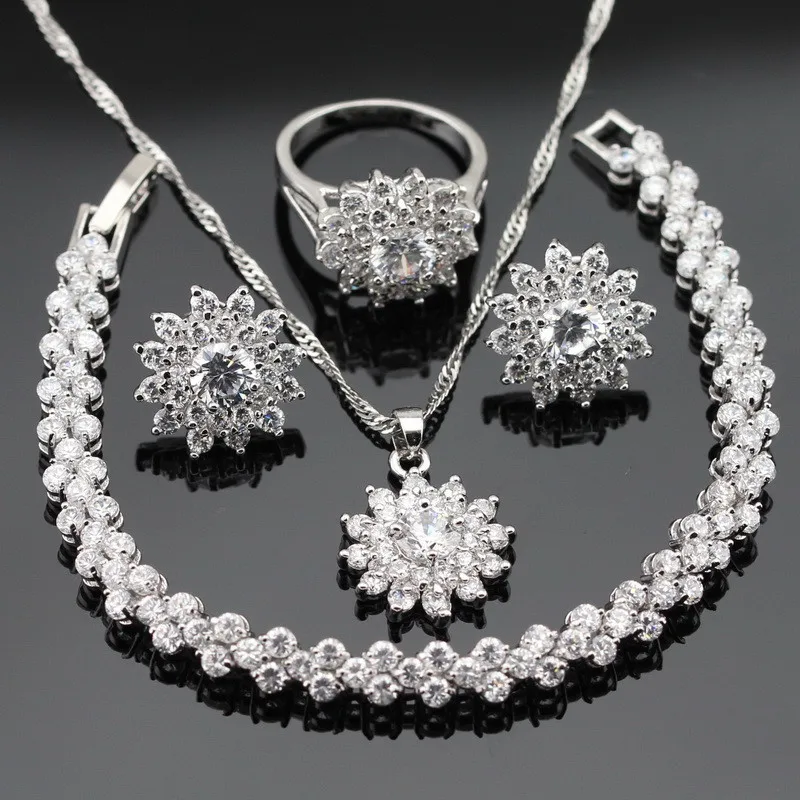 Белый цирконий серебряные Цвет Ювелирные наборы для Для женщин серьги, браслет кольца Цепочки и ожерелья подвеска Рождественский подарок