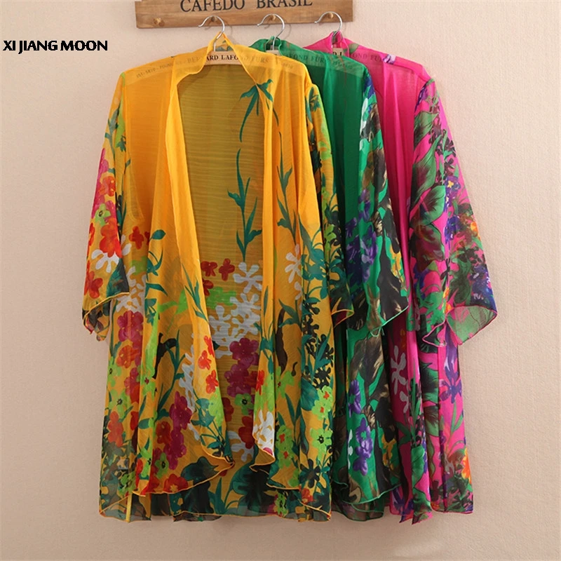 

2019 Summer New Middle-Aged Women Chiffon Sunscreen Cardigan Fashion Print Plus Size Loose High Quality shawl Sun Clothing R166