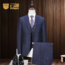 Latest Coat Pant Designs Navy Blue Pattern Tweed Men Suit Slim Fit 3 Piece Suits Groom Tuxedo Custom Prom Blazer Terno Masculino