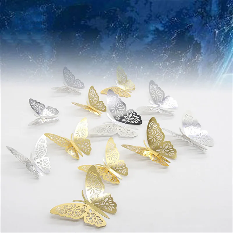 12pcs/Set 3D Hollow Butterfly Wall Sticker DIY 3Sizes Silver Gold for Party Wedding Decoration Butterflies Stickers Decor