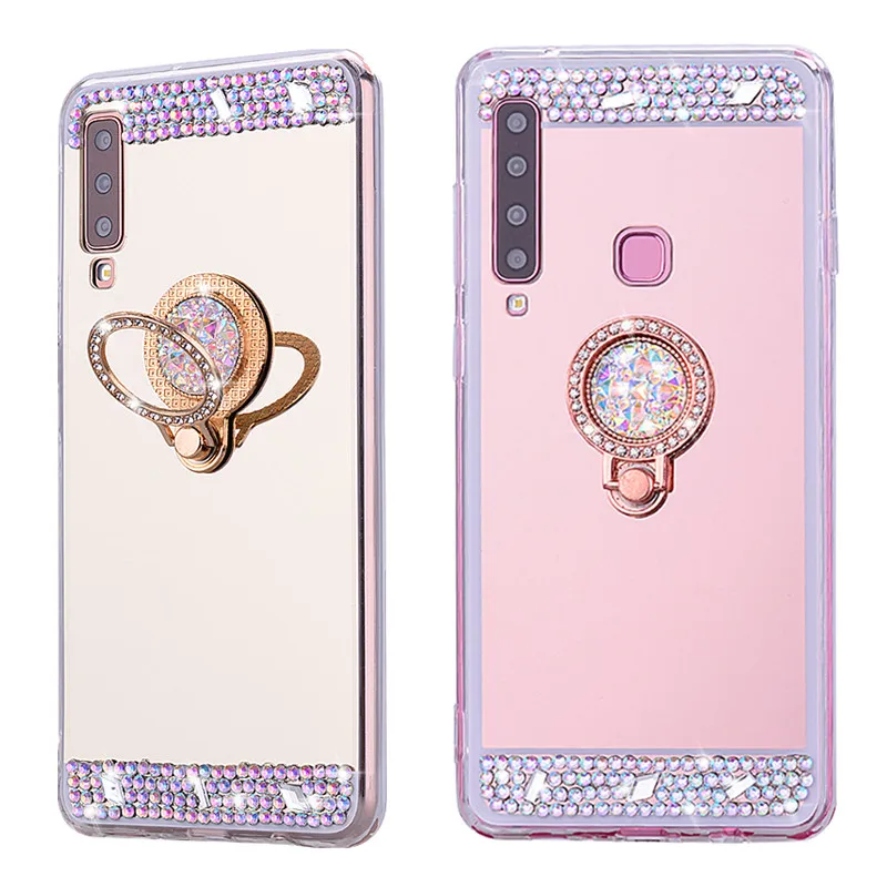 Для Galaxy A70 A7 A9 2018 чехол зеркальный прозрачный со стразами для телефона держатель