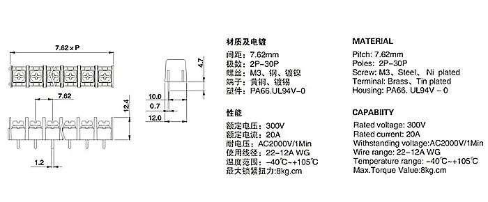 KF7.62mm-2/3/4Pin 300V 20A 7,62 мм Шаг игольчатым подшипником Тип разъема: штепсельная розетка Винтовые клеммы разъема