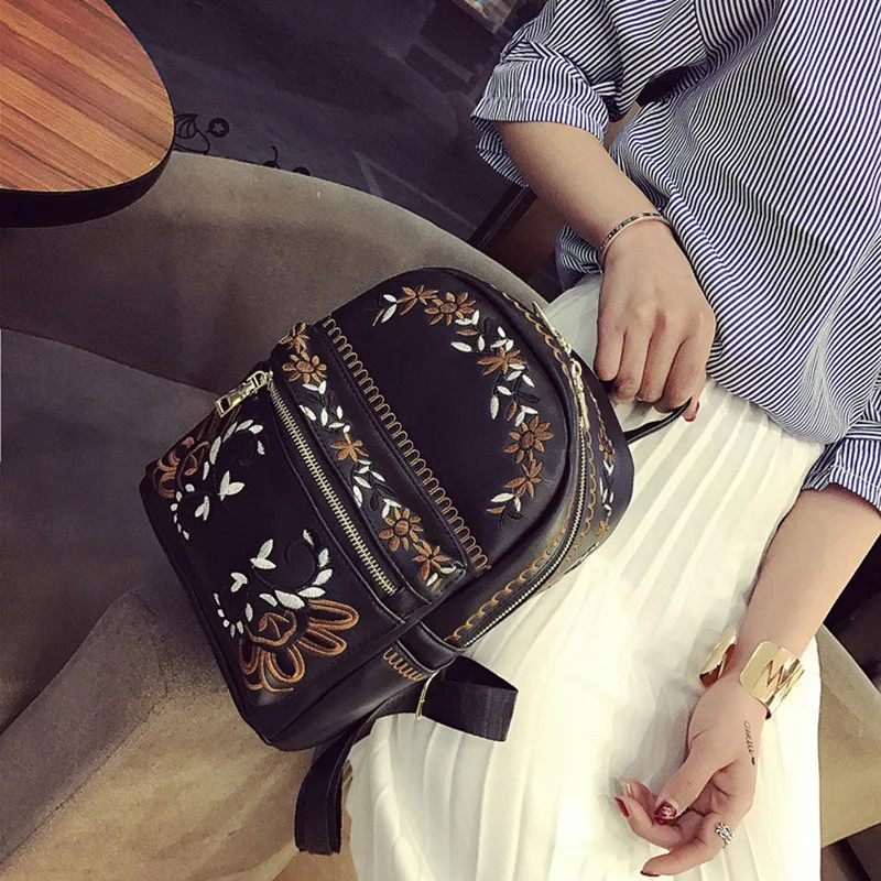 High Quality Embroidery Flowers Backpack School Bags For Teenagers Casual Black Travel Backpack Girls Satchel Travel