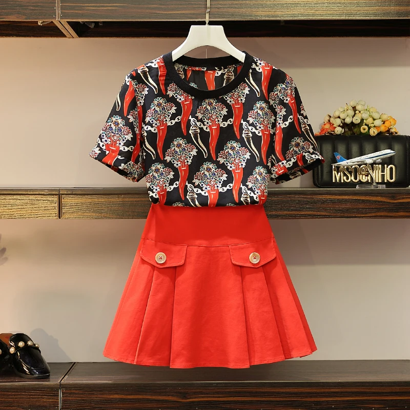 

5XL Large Size Women Patterns Printed T-Shirt Plus Size Tshirts + Red Pleated Skirts 2pcs Clothing Sets 2019 Summer Casual Suits