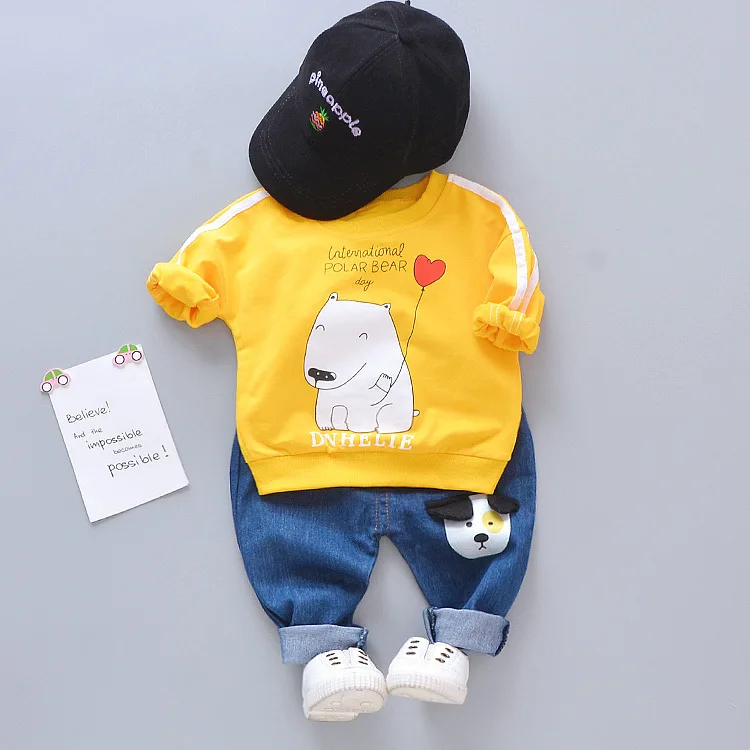 Демисезонный Одежда для маленьких девочек и мальчиков, костюмы, Одежда для младенцев рисунком в виде улыбающихся рожиц; футболка и джинсы; комплект одежды 2 шт./компл. для детей, Детский костюм - Цвет: BOBO aixingou yellow