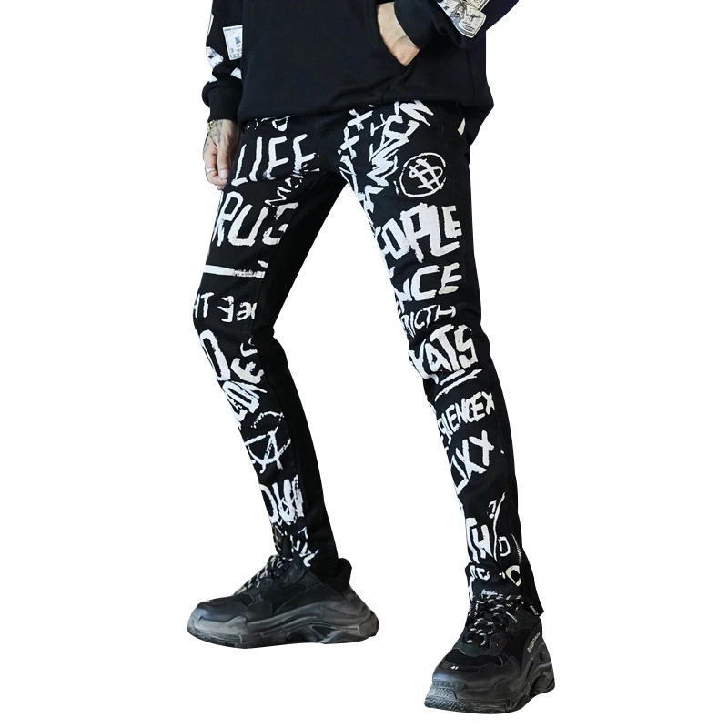 

ABOORUN Men's Fashion Skinny Jeans Graffiti Ankle Zippers Jeans Hi Street Printed Jeans for Male R1093