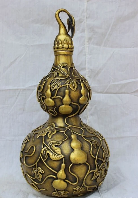 

16" Folk Chinese Bronze JiXiang Evil FengShui Gourd Cucurbit Bottle Pot Statue