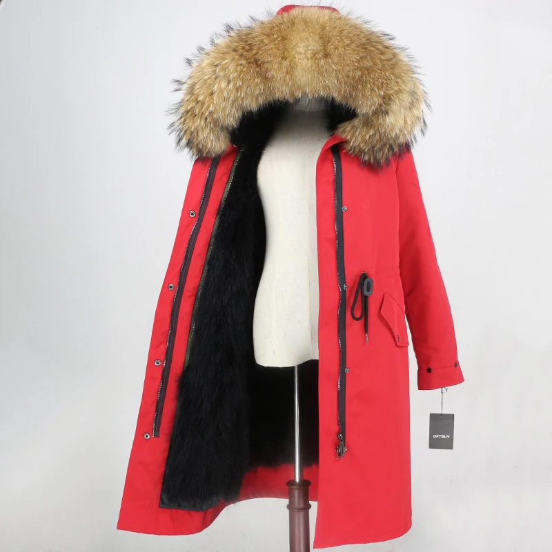 OFTBUY водонепроницаемая верхняя одежда X-long Parka зимняя куртка женская шуба из натурального меха енота капюшон Подкладка из натурального кроличьего меха - Цвет: red black natural