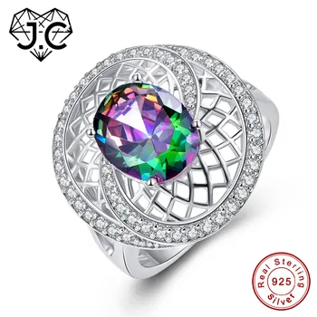 

J.C Oval Cut Mystic Fire Rainbow & Tanzanite White Topaz 925 Sterling Silver Ring Size 6 7 8 9 Women Fashion Party Fine Jewelry