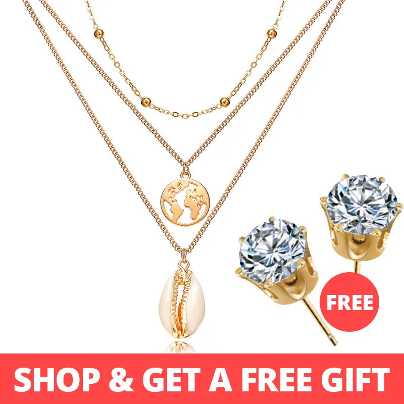 Buy-1-Get-1-Gift-New-Gold-Sliver-Multi-layer-Necklace-For-Women-Girl-Shell-Choker