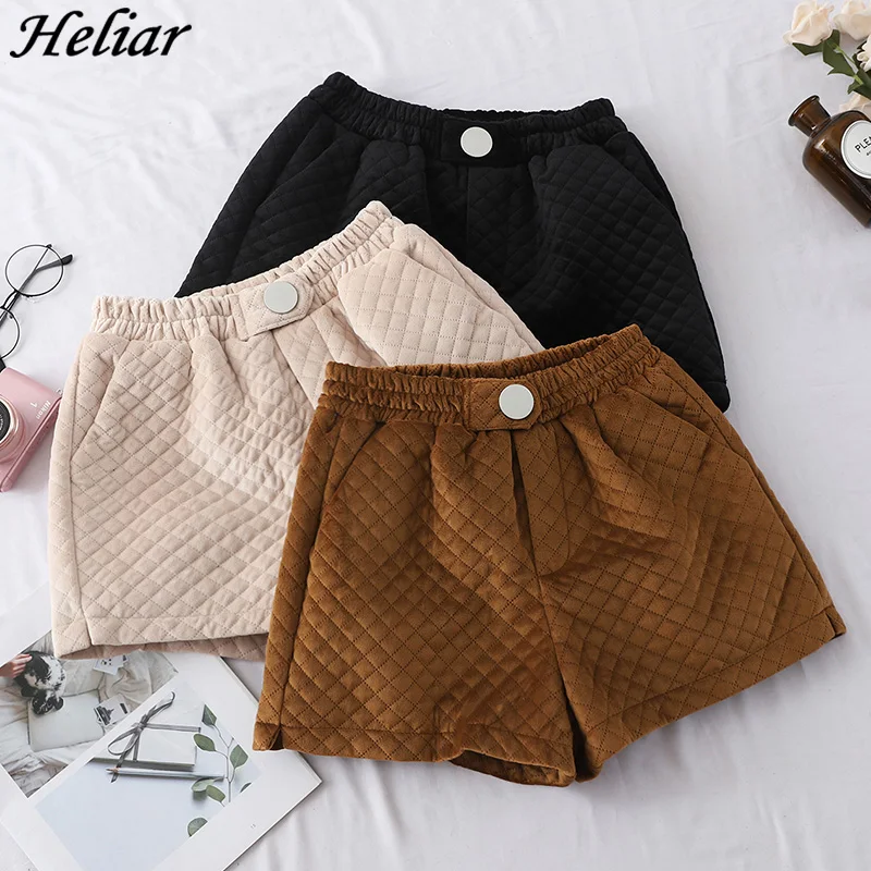

HELIAR Autumn Winter Shorts Vintage Casual Pockets Elastic High Waist Corduroy Shorts Velour Warm Thick Female Plaid Shorts