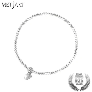 

MetJakt Different Pendants Classic 925 Sterling Silver Bead Bracelet with Heart Elastic Charm Bracelets for Women's Jewelry 18cm