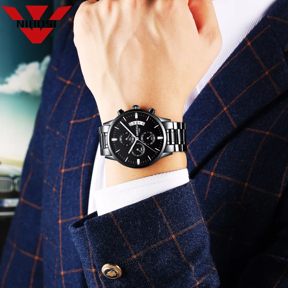 NIBOSI мужские часы Топ бренд класса люкс Хронограф Мужские спортивные часы водонепроницаемые полностью Стальные кварцевые мужские часы Relogio Masculino