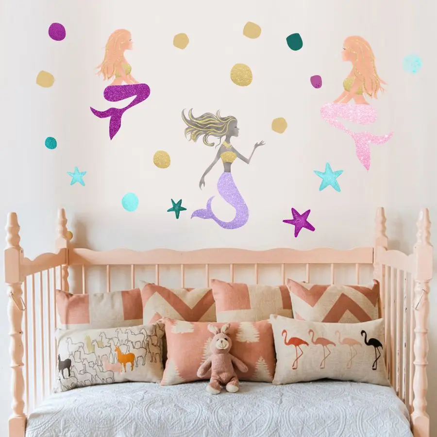 Three Colorful Mermaid Stickers On The Wall Dots And Stars Decals Decoration For House Nursery Kids Room Modern Art Waterpaper (2)