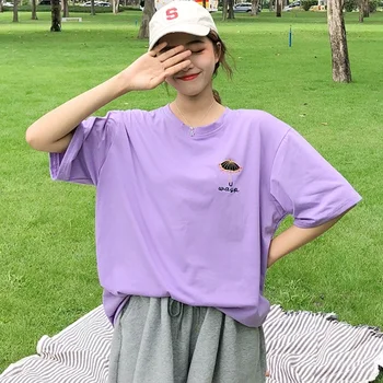 

summer new T-shirts for Women Umbrella Embroidery Harajuku Korean Simple T Shirts Female Loose purple Tshirt All-match white top
