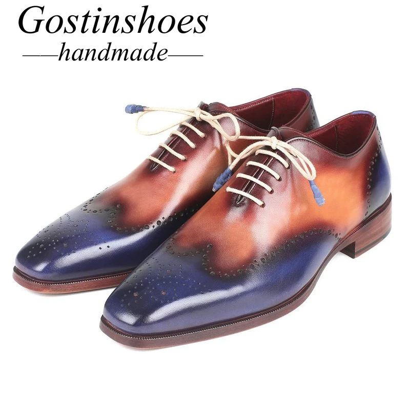 

GOSTINSHOES HANDMADE Goodyear Welted Leather Shoes Men Blue Brown Wingtip Lace-up Italian Office Wedding Oxfords Shoes SCZ033