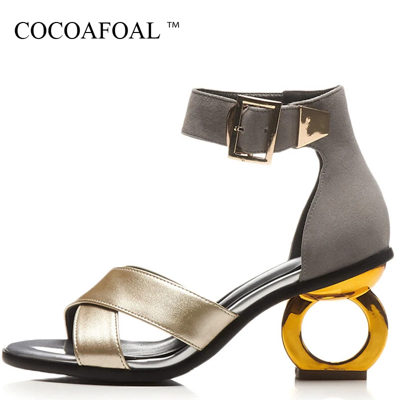 

COCOAFOAL Women Golden Silver Sandals Fashion Shallow Genuine Leather Wedding Heel Height Shoes Sexy Cow Leather Sandals 2018