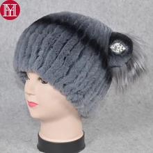 Девочки эластичный вязаный Настоящий мех кролика шапочки шапки для женщин Настоящий мех кролика Skullies шапка Настоящая Натуральная шапка из меха кролика рекс