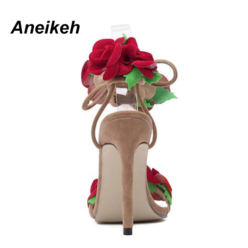 Aneikeh Red Flower Women Shoes Lace Up Summer High Heels Shoes Wedding Party Women Pumps Zapatos Mujer Size 4~9 D-558-10#