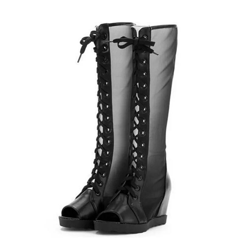 

New 2017 Knee High Boots Cut-out Heels Hidden Wedges Women Summer Boots Lace Up Sexy Open Toe Sandals Boots