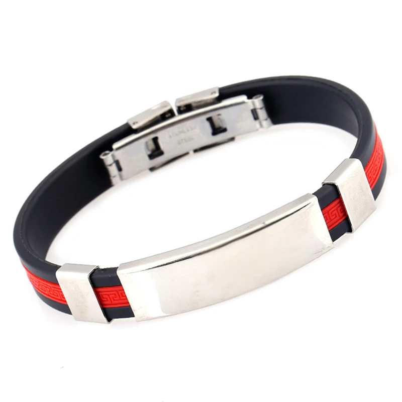 

Unisex Black Blue Red White Silicone Stainless Steel ID Bangle Bracelet Adjustable Cool Unisex Summer Jewelry Bracelet
