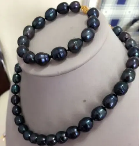 

>>>>>>SOUTH SEA 11-13MM BLACK BAROQUE PEARL NECKLCE BRACELET 14KGP GOLD CLASP CK set