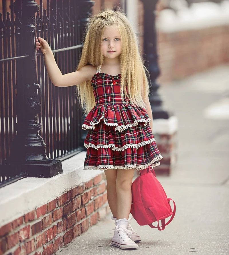 

Princess Kids Baby Girl Dress Lace Plaid Ruffle Layered Party Pageant Dresses pudcoco Flower baby Girl Dresses party Dresses