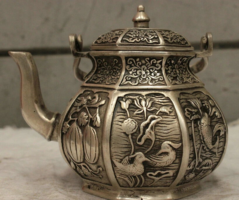 

Chinese Culture HandMade Silver Bronze statue Mandarin duck teapot Sculpture