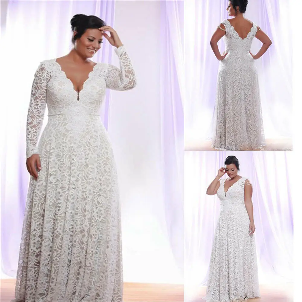 

Plus Size Full Lace Wedding Dresses With Removable Long Sleeves A Line Gowns