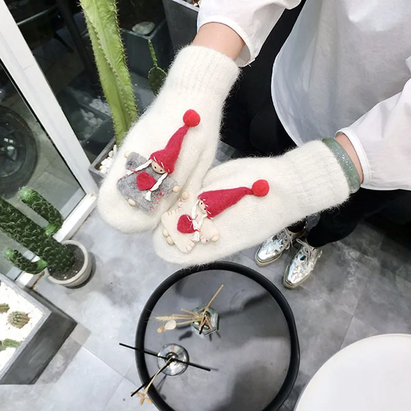 

Girls Gloves Student Christmas Snowman Knit Blend Full Finger Gloves Thicken Warm Gloves Female Winter Little Angel Mittens