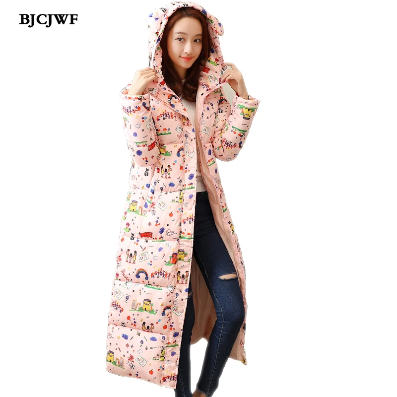 BJCJWF Fashionable Coat Winter Women Parka 2018 Hight Quality Casual Thick Warm Jacket Female Long printing Hooded Parka Hot