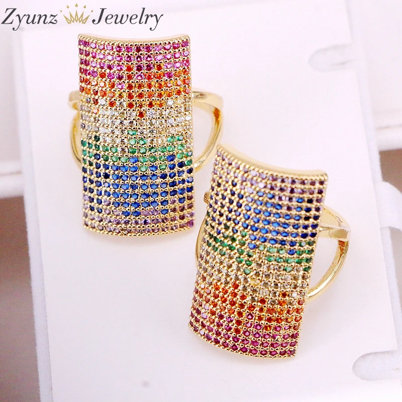 

5PCS, Multi Color Full CZ Micro Pave Rainbow Large Rectangle Rings Classic For Women Party Wedding Jewelry