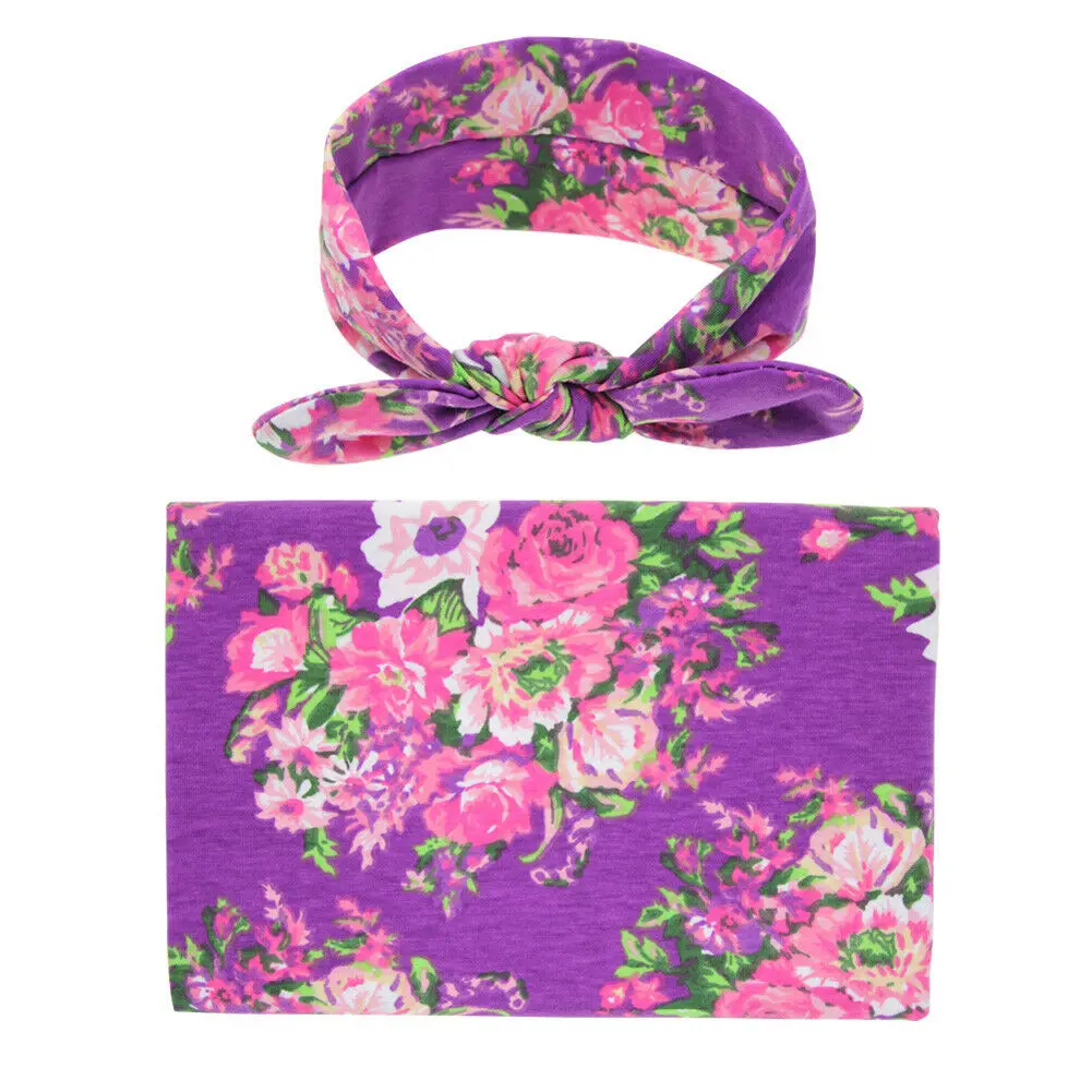 Милое цветочное одеяло для новорожденных, 2 предмета, детское Пеленальное Одеяло, пеленка для сна муслиновая пеленка+ повязка на голову, подарки - Цвет: Фиолетовый