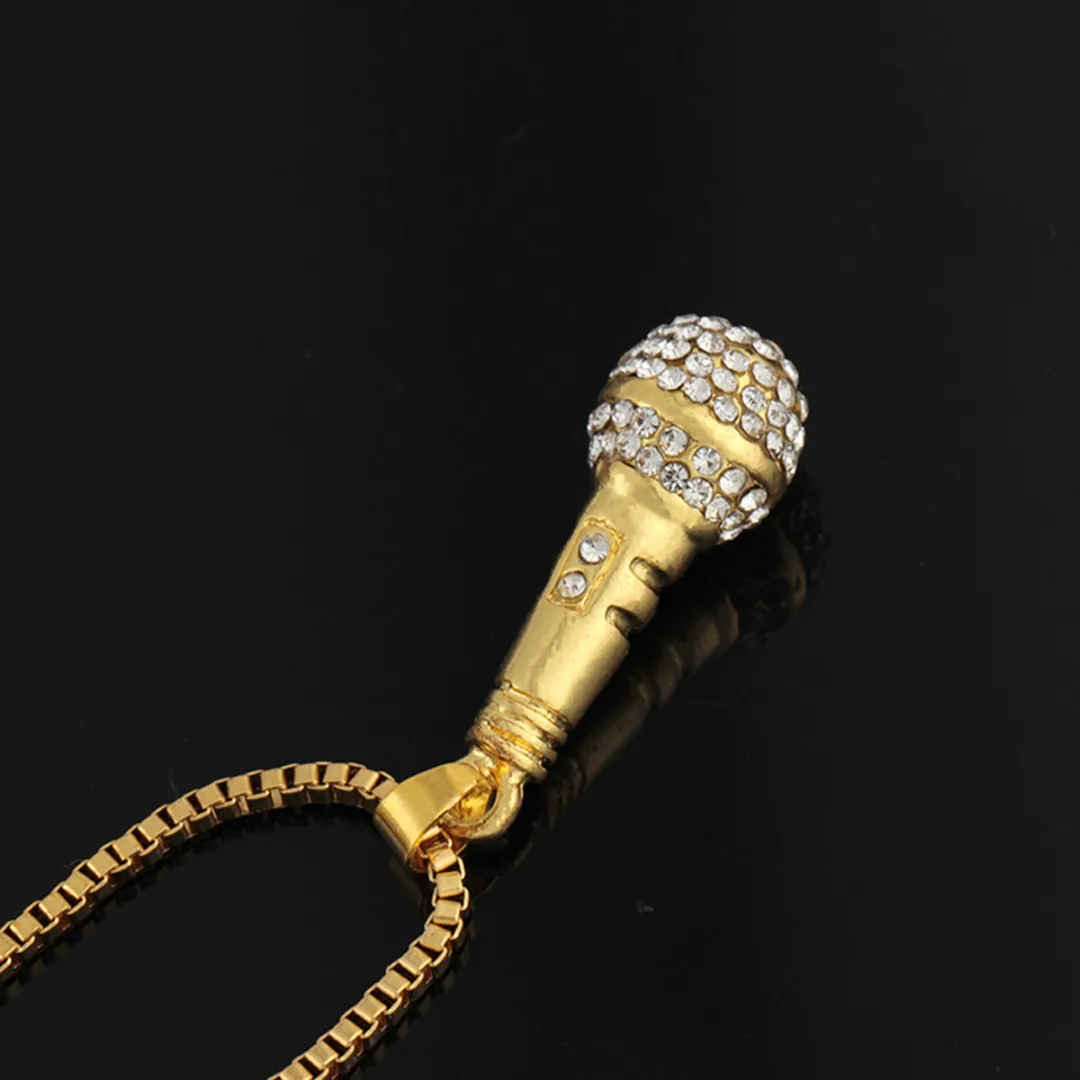HIP Hop Gold Color Chain Necklace Shellhard Women Men Ice Out Microphone Pendant Necklace Charming Punk Jewelry